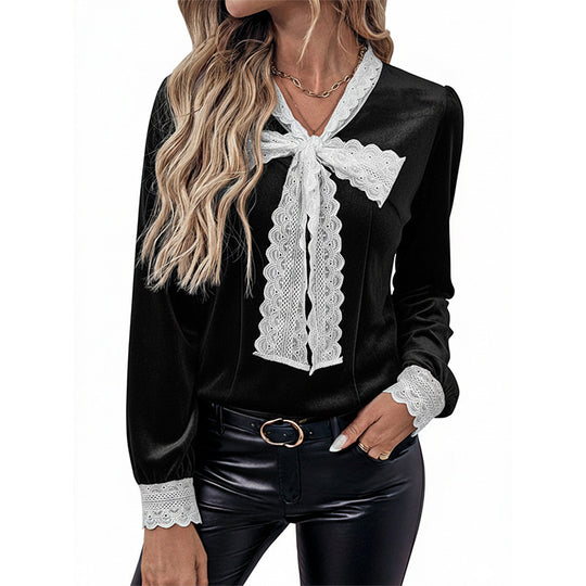 Damen Samtbluse mit Spitzen-Schleifenkragen und Spitzenmanschetten Shop Nory
