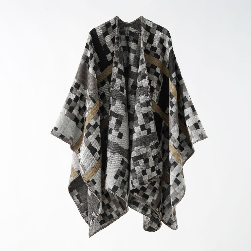 Damen Kastiger Webponcho mit grafischem Jacquard und Kettelkante Shop Nory