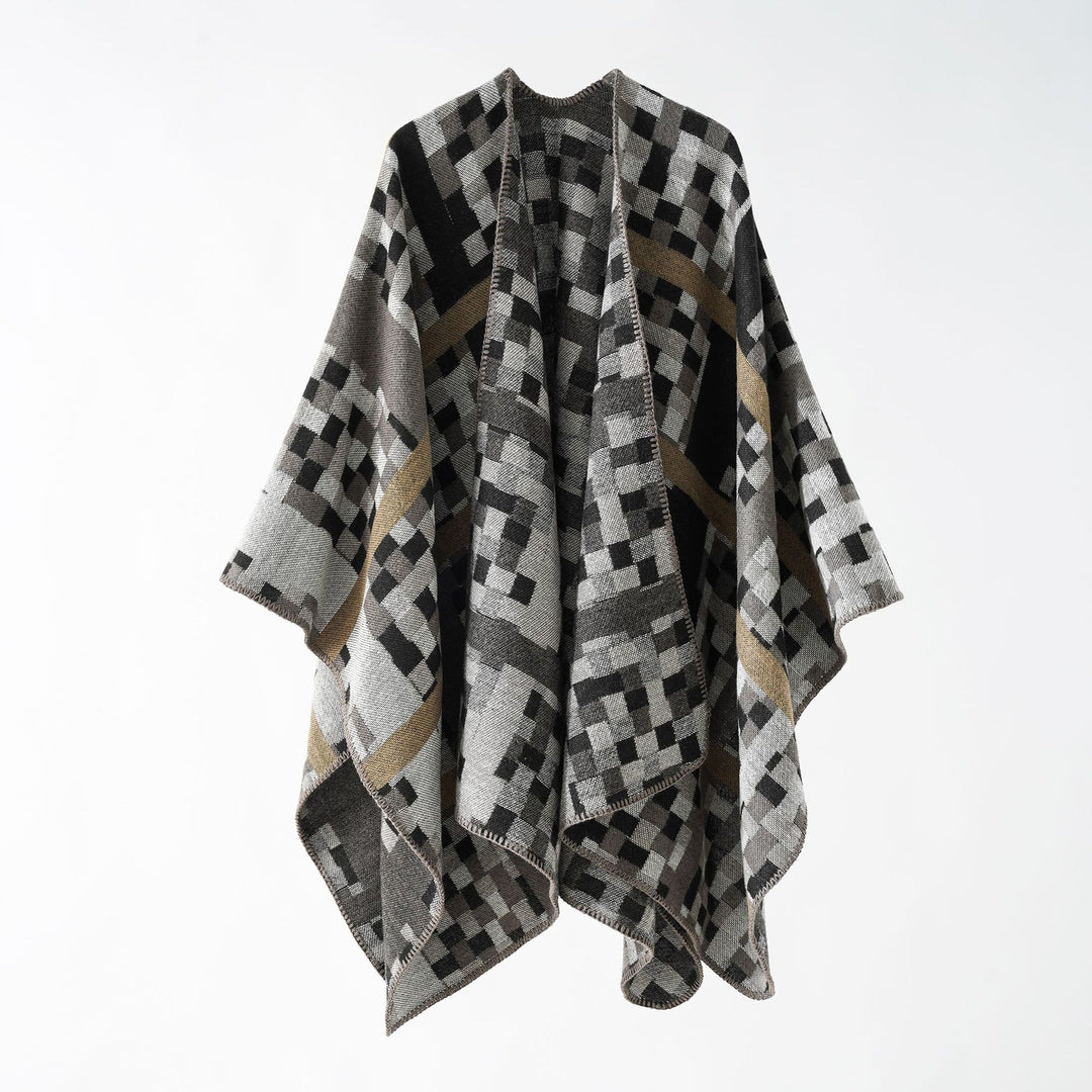 Damen Kastiger Webponcho mit grafischem Jacquard und Kettelkante Shop Nory