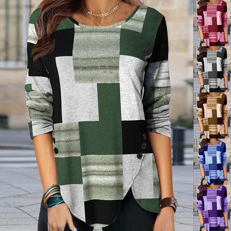 Damen gemustertes Langarm-Tunika-Shirt mit asymmetrischem Saum und dekorativer Knopfleiste Shop Nory