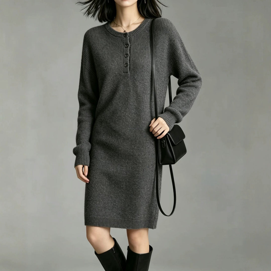 Damen Midilanges Strickkleid mit Henley-Leiste und gerippten Bündchen Shop Nory