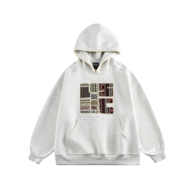 Unisex Weit geschnittener Kapuzenpullover mit Patchwork-Applikation und Kängurutasche Shop Nory
