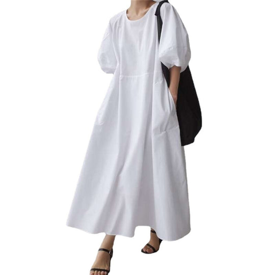 Damen Luftiges Baumwoll‑Poplin Maxi‑Kleid mit voluminösen Puffärmeln, A‑Linien‑Silhouette und Seitentaschen Shop Nory