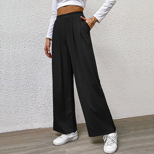 Damen hochtaillierte weite Hose mit Vorderfalten, elastischem Bund und Seitentaschen Shop Nory