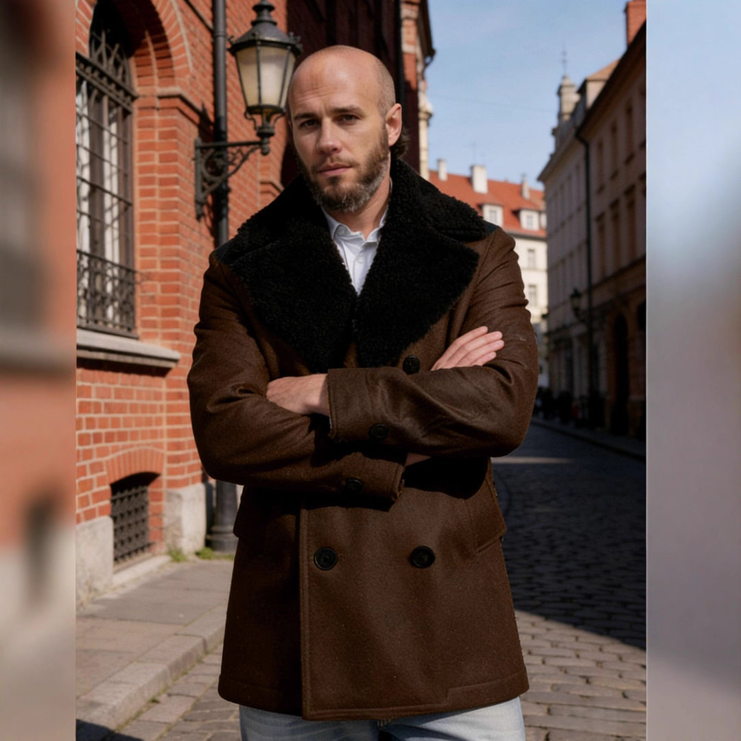 Herren Doppelreihiger Kurzmantel aus Wollmix mit großem Teddykragen Shop Nory