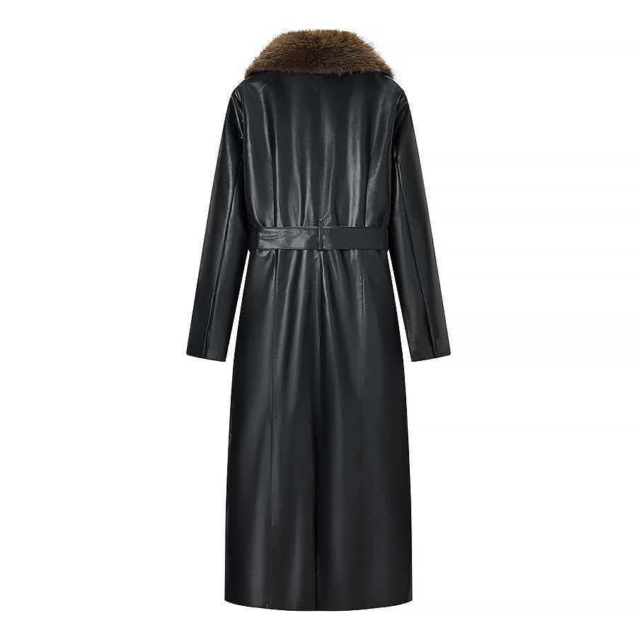 Damen Langer Ledermantel mit abnehmbarem Fellkragen und minimalistischer Silhouette Shop Nory