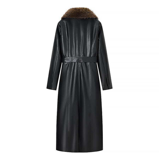 Damen Langer Ledermantel mit abnehmbarem Fellkragen und minimalistischer Silhouette Shop Nory