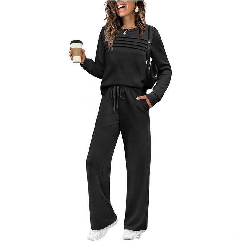 Damen Zweiteiliges Lounge-Set mit Plissee-Detail, Rundhals-Sweatshirt und weitem Kordel-Hose Shop Nory
