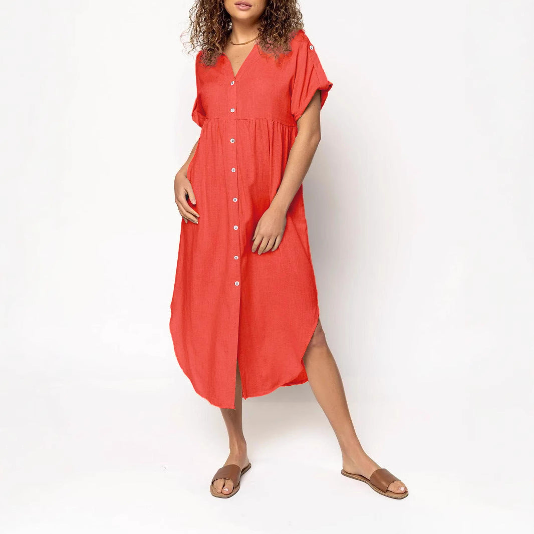 Damen Midikleid mit Knopfleiste, V‑Ausschnitt und legerer Babydoll-Passform Shop Nory