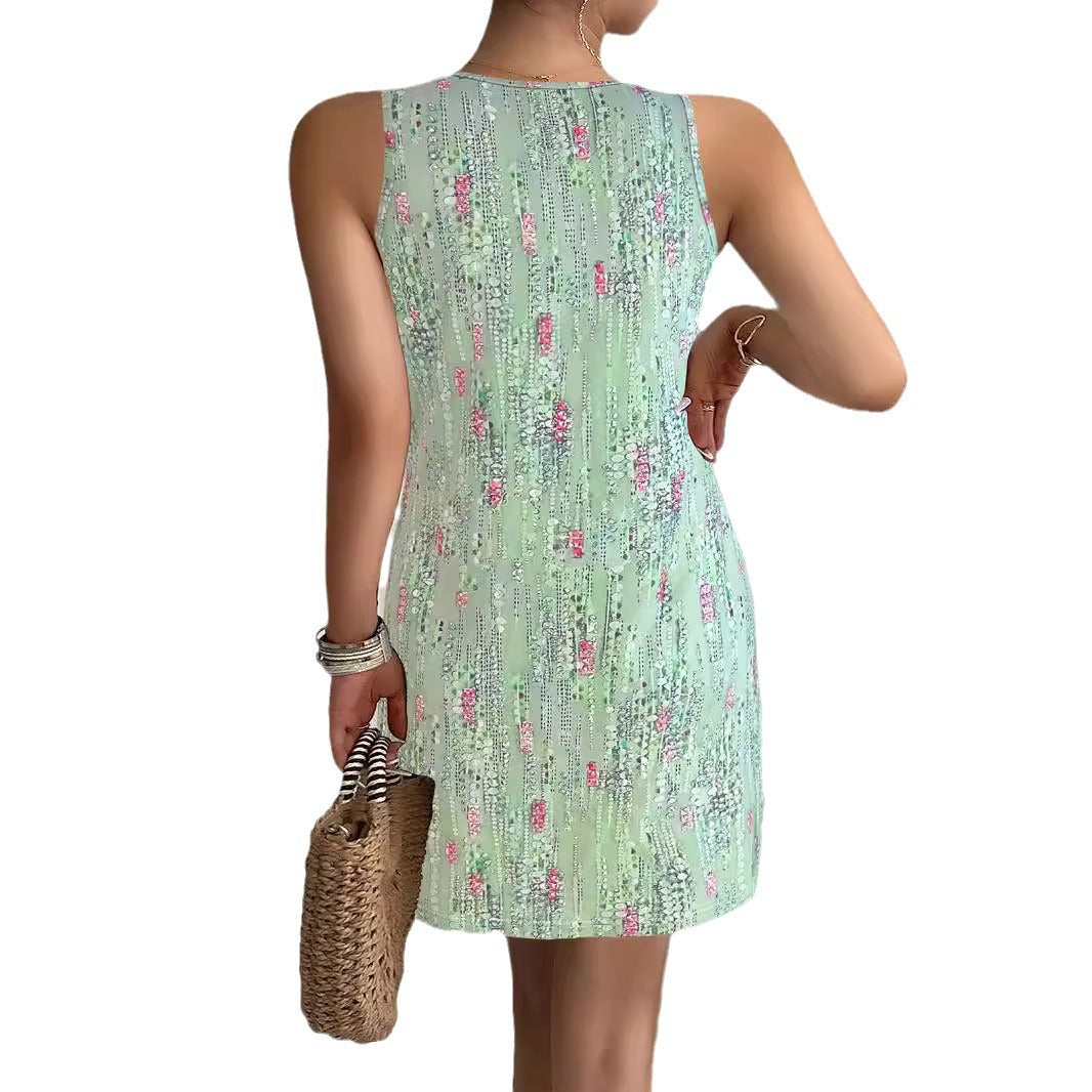 Damen ärmelloses Sommerkleid mit modischem V-Ausschnitt und Knopfdetails