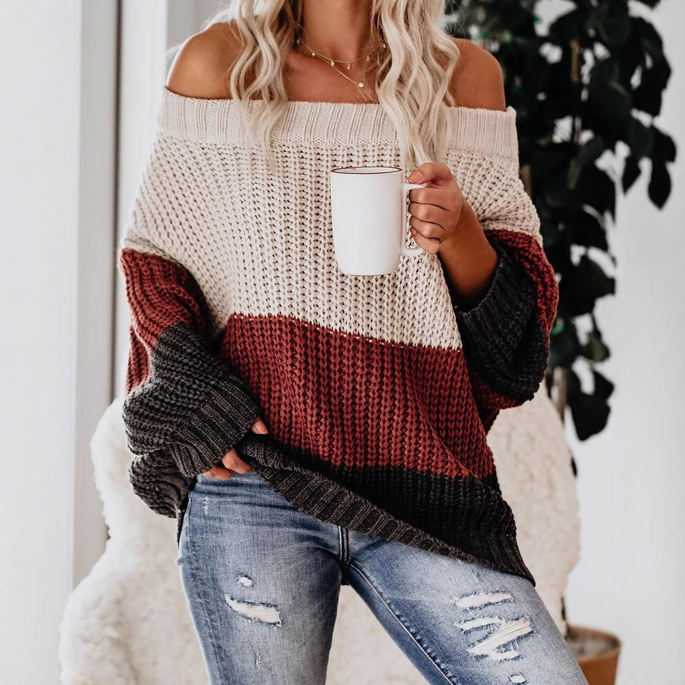 Damen Schulterfreier Oversize Blockstreifen Strickpullover Shop Nory
