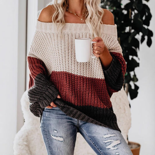 Damen Schulterfreier Oversize Blockstreifen Strickpullover Shop Nory