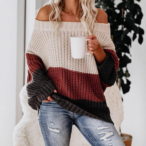 Damen Schulterfreier Oversize Blockstreifen Strickpullover Shop Nory
