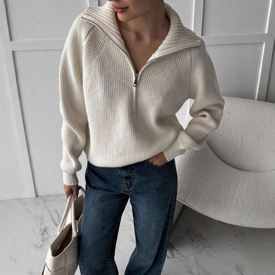 Damen Gerippter Wollmix-Pullover mit halbem Reißverschluss und weitem Stehkragen Shop Nory