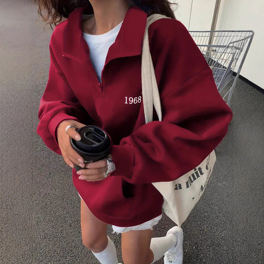 Damen Oversized Sweatshirt mit halbem Reißverschluss, hohem Stehkragen und Kängurutasche Shop Nory