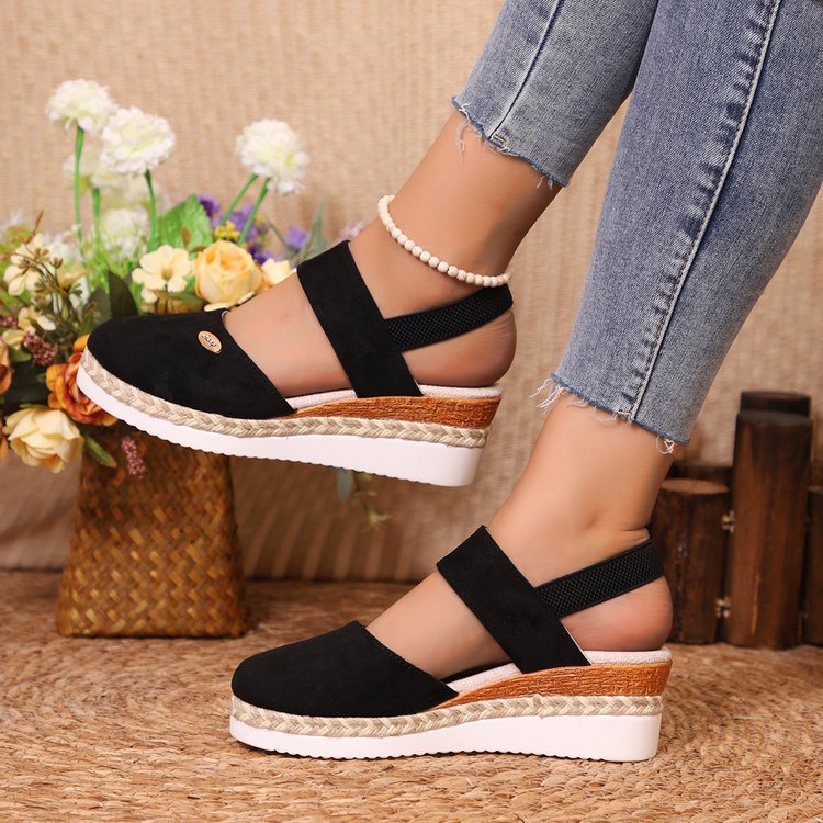 Damen Bequeme Espadrilles mit elastischen Riemen und dekorativem Bastbesatz