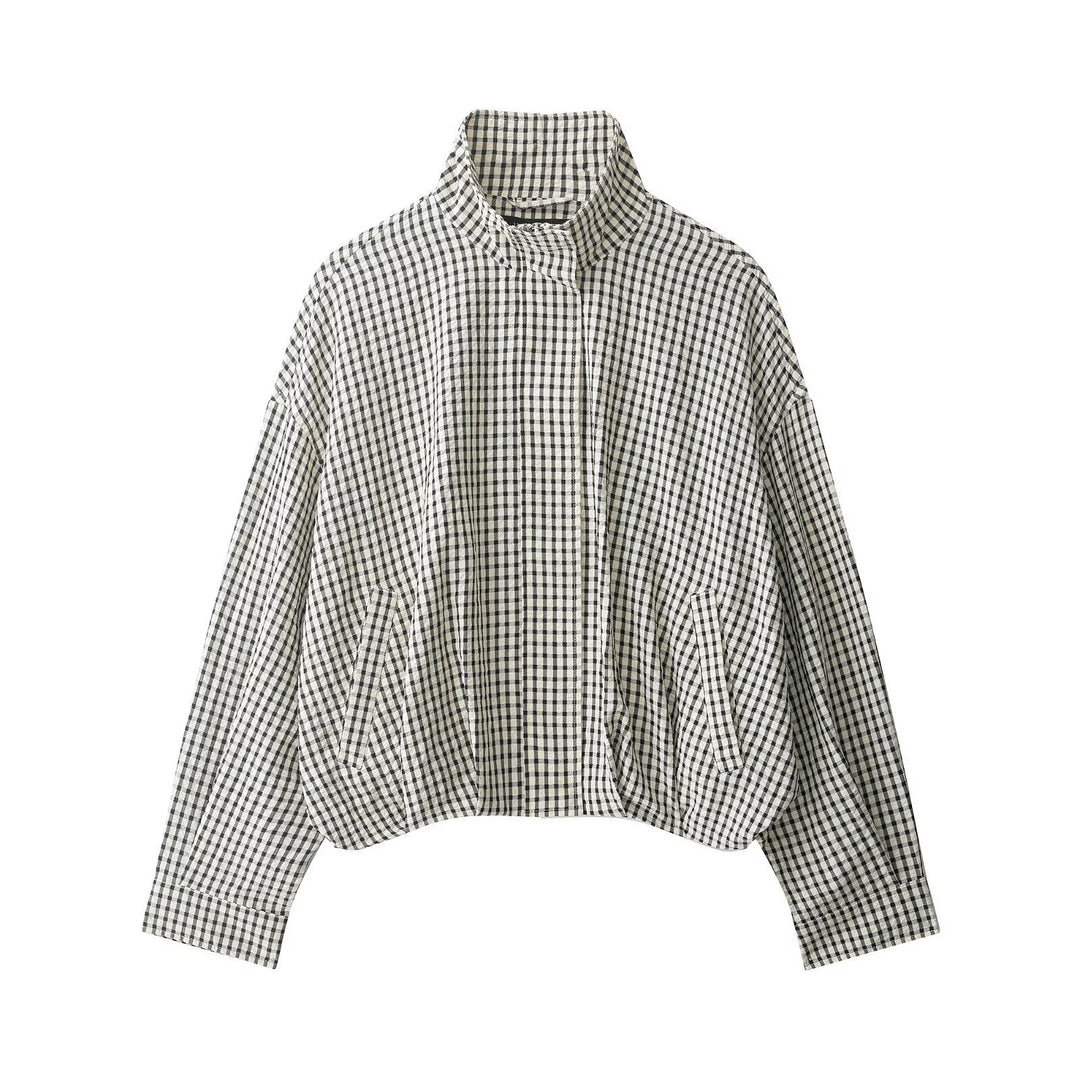 Damen Karierter Cropped-Boxy-Blouson mit Stehkragen und Eingrifftaschen Shop Nory
