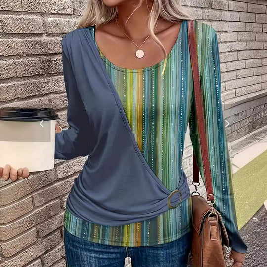 Damen Lagenlook Wickel‑Shirt mit asymmetrischer Drapierung und gestreiftem Unterteil Shop Nory