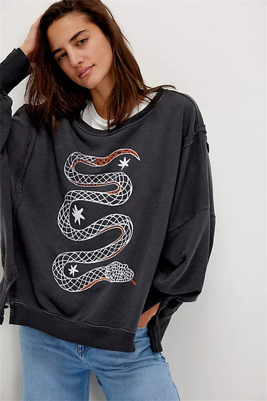 Damen oversized Sweatshirt mit Rüben-Print, ausgefransten Nahtakzenten und Daumenlochärmeln Shop Nory