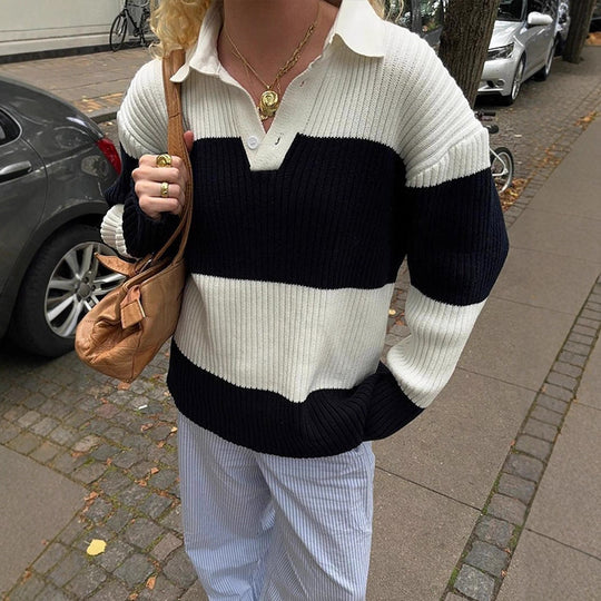 Damen Grobgerippter Oversize‑Polo‑Strickpullover mit Kentkragen und Blockstreifen Shop Nory