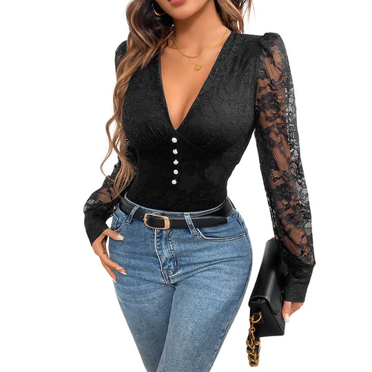 Damen Figurbetonter Spitzen-Body mit V-Ausschnitt, Perlendekor und transparenten Ballonärmeln Shop Nory
