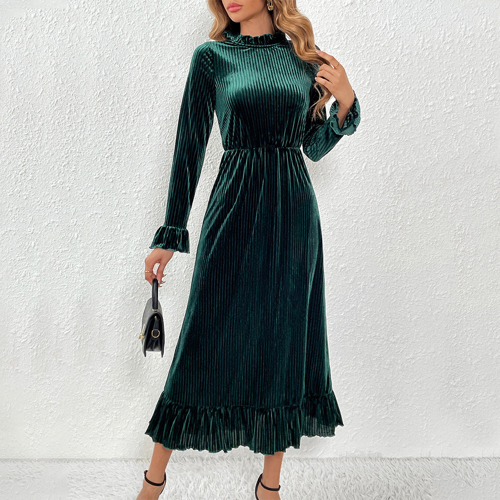 Damen Midikleid aus plissiertem Samt mit Stehkragen geraffter Taille und Volant-Saum Shop Nory