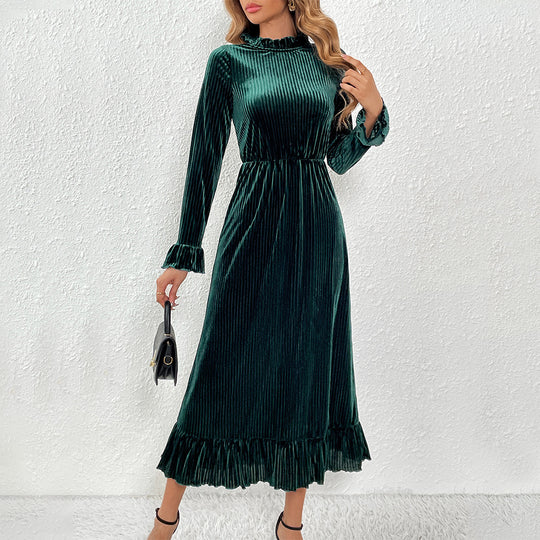 Damen Midikleid aus plissiertem Samt mit Stehkragen geraffter Taille und Volant-Saum Shop Nory