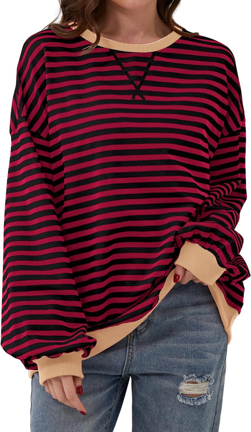 Damen Lässiger Sweatshirt mit bunten Streifen und weitem Schnitt