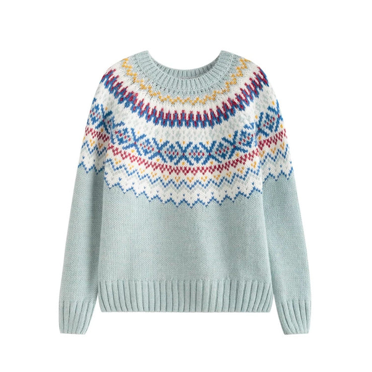 Damen nan melierter Rundhalsausschnittpullover mit kreisförmigem Jacquard-Yoke und geripptem Saum Shop Nory