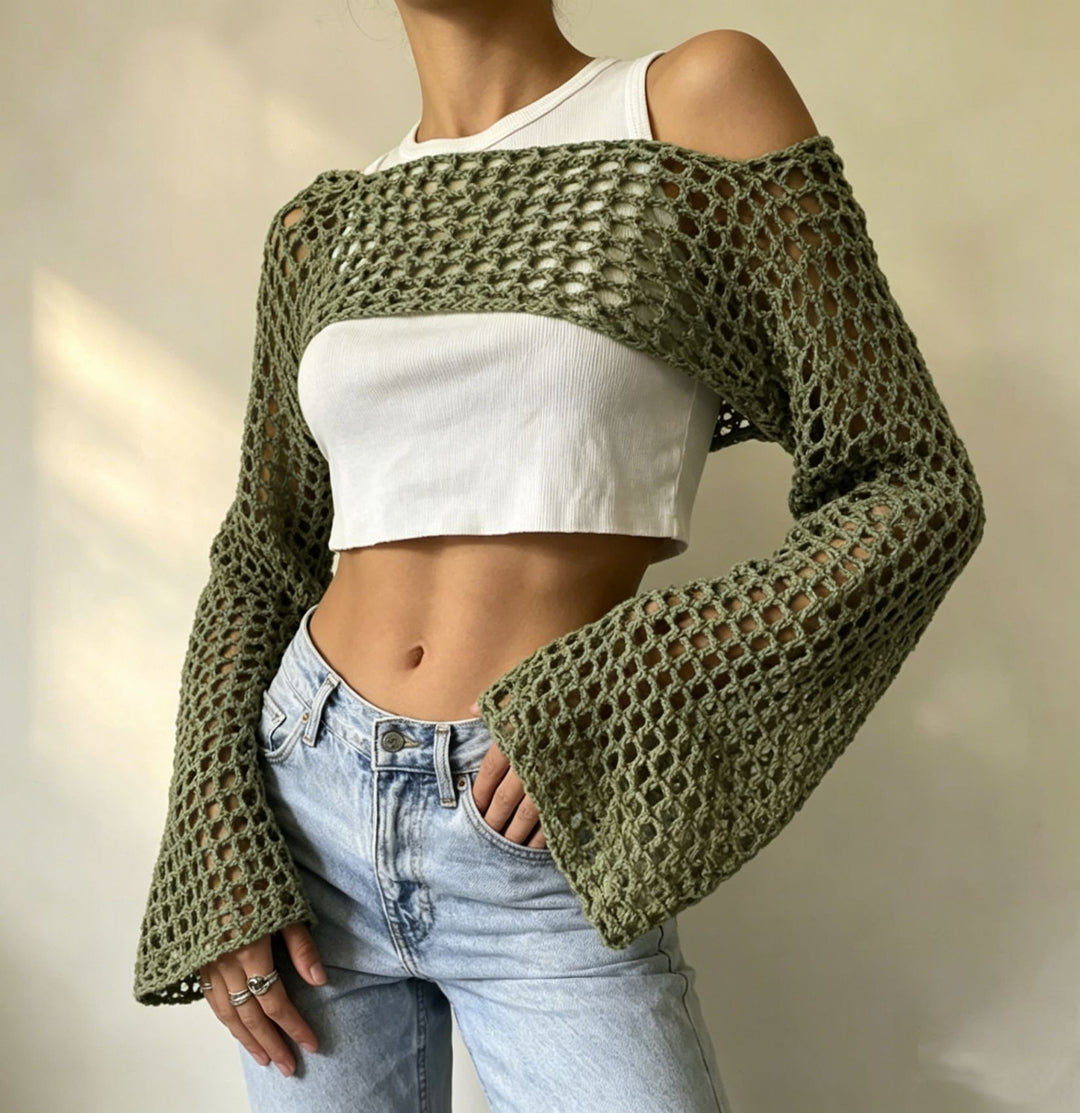 Damen gehäkelter kurzer Bolero mit asymmetrischem Schulterauschnitt und ausgestellten Ärmeln Shop Nory