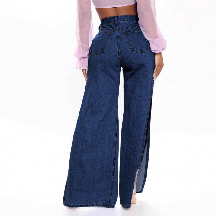 Damen Langer hochgeschnittener Denim-Maxirock mit seitlichem Oberschenkelschlitz und Used-Details Shop Nory