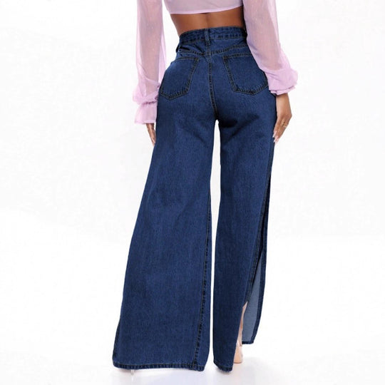 Damen Langer hochgeschnittener Denim-Maxirock mit seitlichem Oberschenkelschlitz und Used-Details Shop Nory