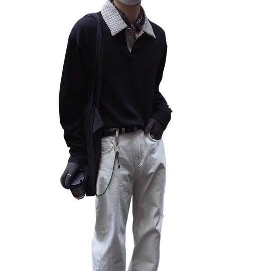 Damen Langärmeliges Polo-Shirt mit kontrastierendem Hahnentrittmuster Kragen Shop Nory