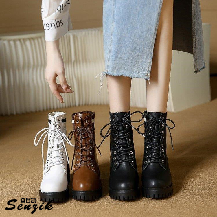 Damen Schnürstiefel mit robustem Blockabsatz und elastischem Strickkragen