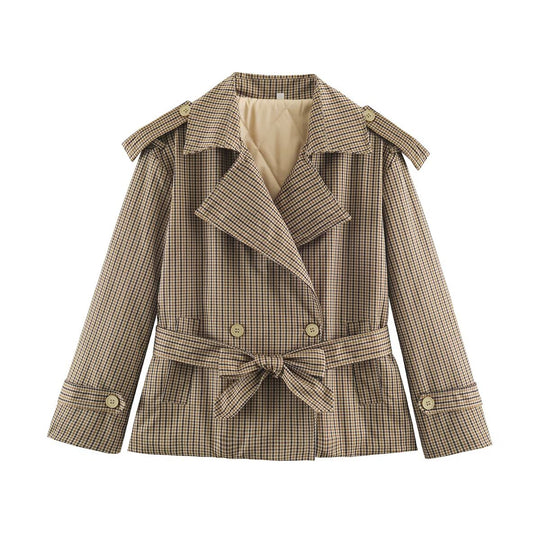 Damen Kurztrenchjacke im Karo-Look mit Taillengurt, Schulterriegeln und gesteppter Innenfütterung Shop Nory