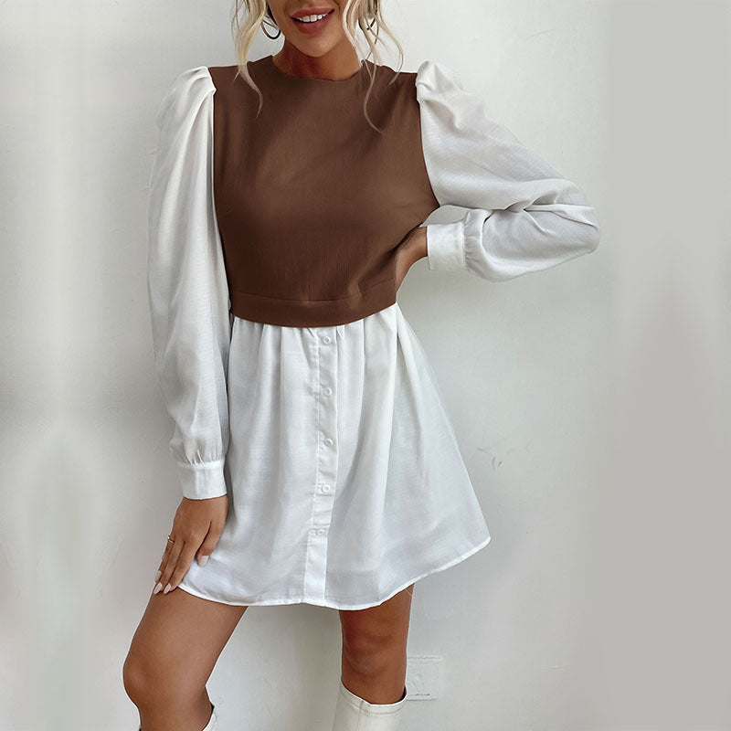 Damen Hemdblusenkleid mit eingesetzter kurzgeschnittener Weste, Puffärmeln und taillierter Silhouette Shop Nory