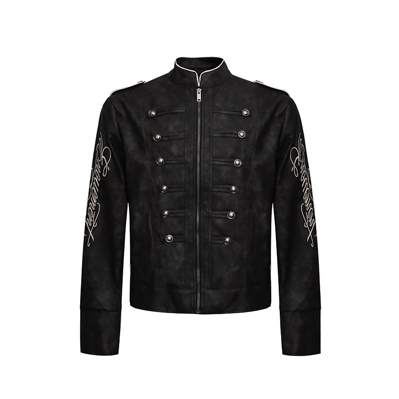 Herren Military-inspirierte Lederjacke mit Stehkragen, Zierknopfreihen und bestickten Ärmeln Shop Nory
