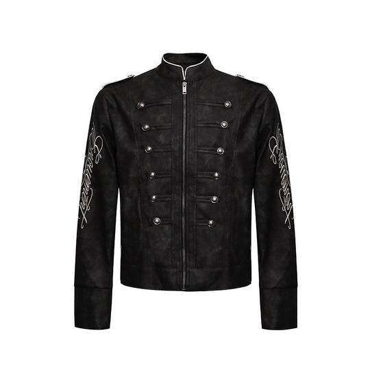 Herren Military-inspirierte Lederjacke mit Stehkragen, Zierknopfreihen und bestickten Ärmeln Shop Nory