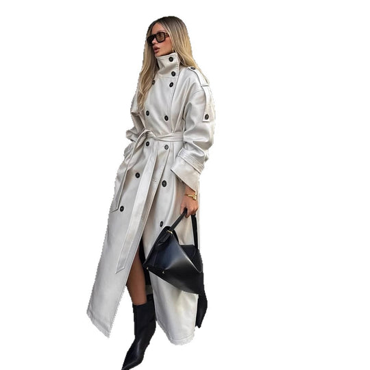 Damen Langer Trenchcoat mit hohem Stehkragen, doppelreihiger Knopfleiste und weiten Manschetten Shop Nory