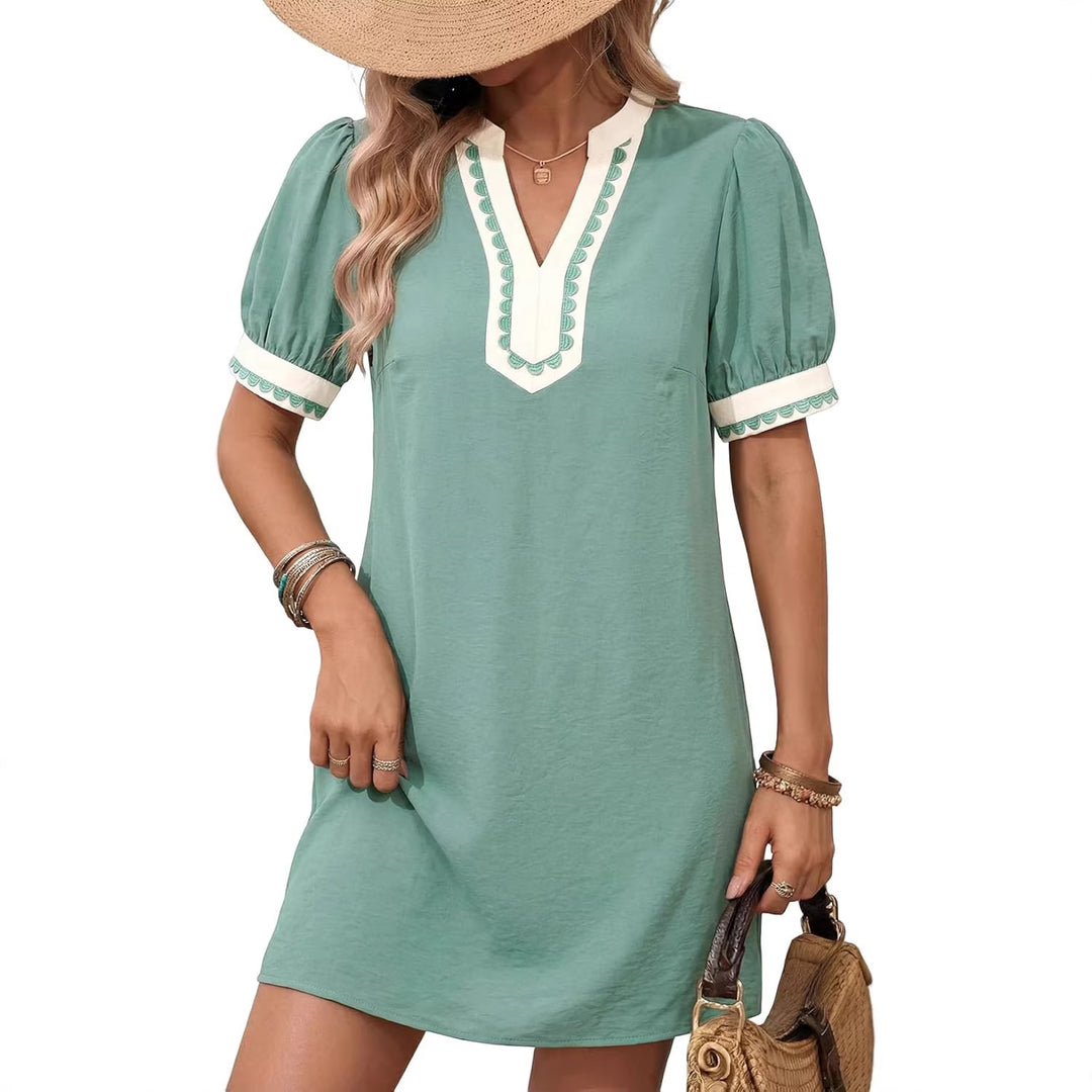 Damen Lockeres A-Linien Minikleid mit Puffärmeln, V‑Notch und kontrastierter Zierborte Shop Nory