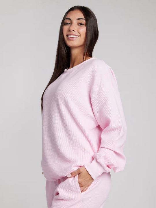 Damen geräumiges Waffelstrick-Loungewear-Set mit Rundhalsausschnitt und Tunnelzughose Shop Nory