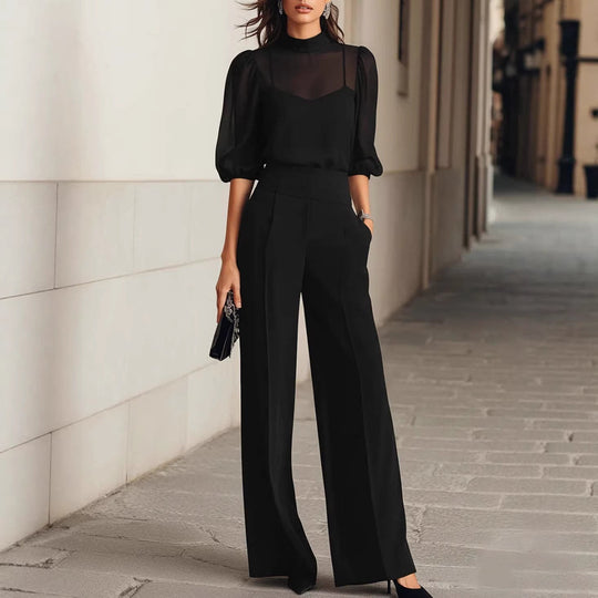 Damen elegantes Blusenset mit weiten Beinen und transparenten Ärmeln