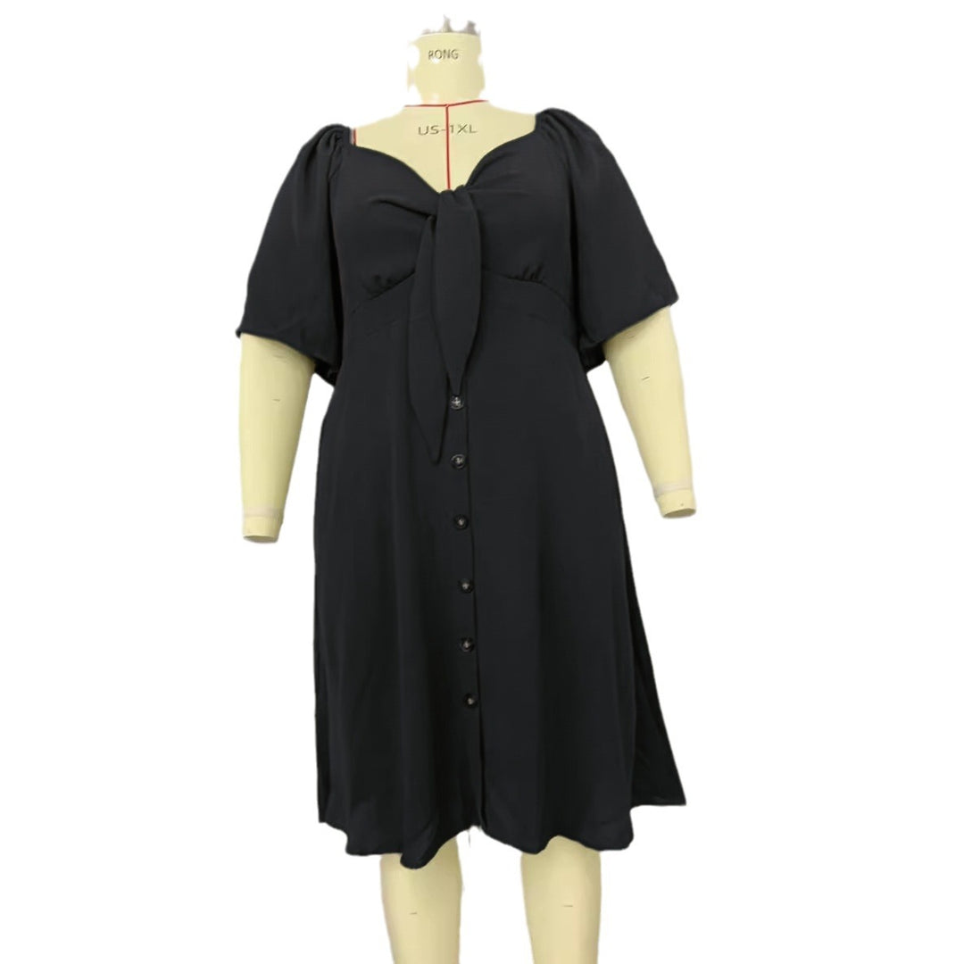 Damen A-Linien Midikleid mit Knoten-Detail, Puffärmeln und Knopfleiste Shop Nory