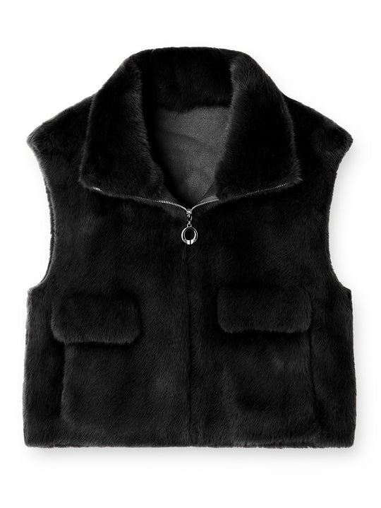 Damen Ärmellose Kunstfell‑Weste mit Stehkragen, Reißverschluss und Pattentaschen Shop Nory