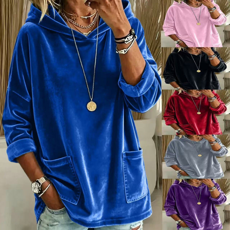 Damen Samt-Hoodie mit Kapuze, Oversize-Schnitt und aufgesetzten Taschen Shop Nory