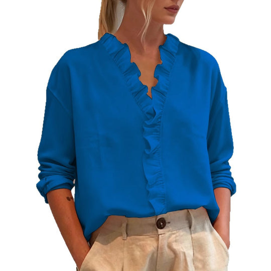 Damen Elegante V-Ausschnitt Bluse mit Volantbesatz und lockerem Oversize-Schnitt Shop Nory