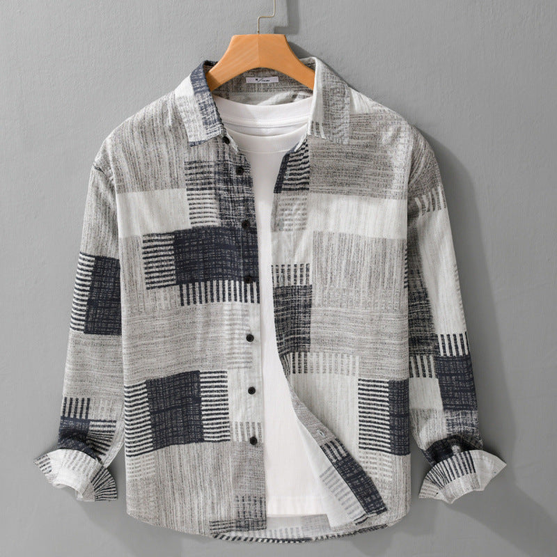Herren Gemustertes Langarm-Hemd im Patchwork-Look aus leichtem Baumwollmix Relaxed Fit Shop Nory