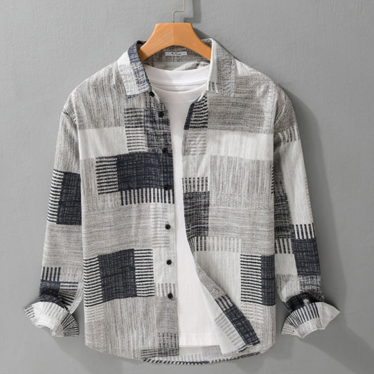Herren Gemustertes Langarm-Hemd im Patchwork-Look aus leichtem Baumwollmix Relaxed Fit Shop Nory