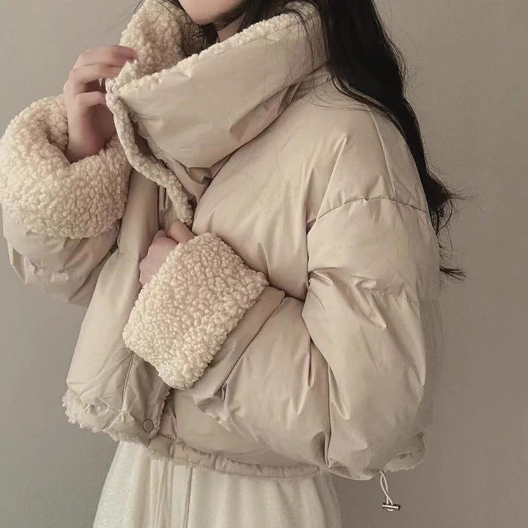 Damen nan kurze gesteppte Pufferjacke mit Teddykragen, krempelbaren Ärmeln und Tunnelzugsaum Shop Nory