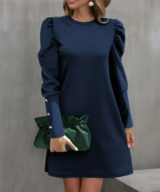 Damen Elegantes A-Linien-Minikleid mit betonten Puffärmeln und Perlenknopf-Ärmelmanschetten Shop Nory